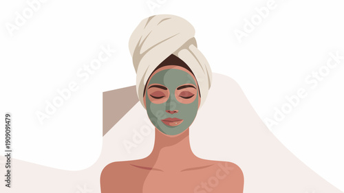 Woman with green clay facial mask and towel on head relaxing in spa treatment self care routine rejuvenation healthy skin wellness concept illustration for beauty blogs and cosmetic advertising