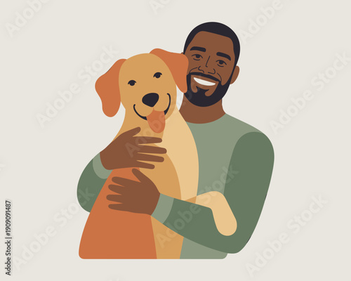 Happy smiling man of color embracing beloved golden retriever dog pet with affection and joy in minimalist flat design illustration for lifestyle and pet care concepts