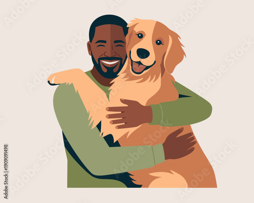Happy Black man hugging golden retriever dog with love and joy friendship loyalty companionship concept illustration for lifestyle pet care veterinary services animal lovers and family bonding themes
