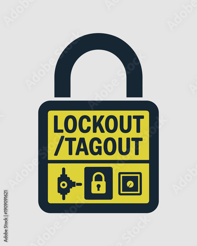 Lockout tagout safety procedure LOTO symbol for industrial energy control and equipment maintenance preventing accidental startup hazard warning sign for factory workers and technicians in manufacturi