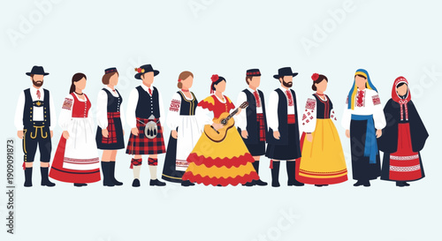 Diverse Traditional European Folk Costumes, People in Ethnic Outfits