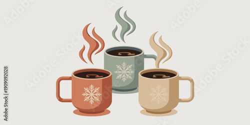 Three steaming hot mugs of coffee or hot chocolate with snowflake designs cozy winter beverages for cold weather relaxation and holiday cheer perfect for cafe menus seasonal promotions and festive gre