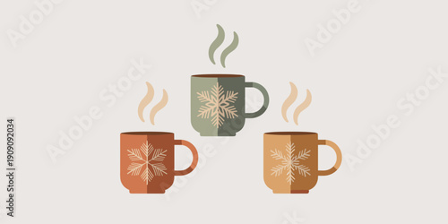 Three steaming hot chocolate mugs with snowflake designs in warm autumn fall colors representing cozy winter holidays and festive seasonal beverages for cozy comfort and relaxation perfect for cafe me