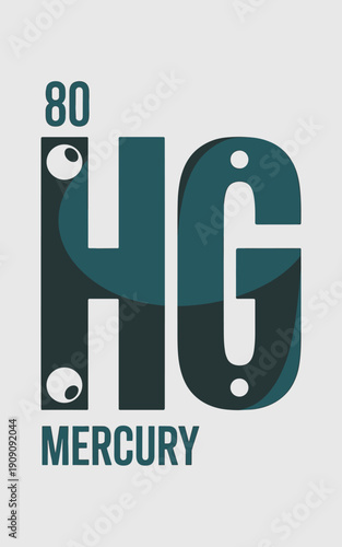 Mercury element symbol HG 80 with cute cartoon eyes and clean modern typography for science education chemistry classroom decoration laboratory research and medical industry graphics