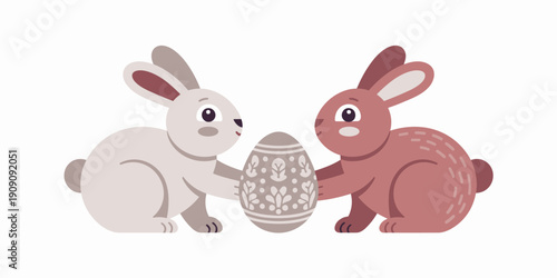 Cute cartoon bunnies holding decorative Easter egg playful animals illustration for spring holiday celebration greeting card announcement invitation festive celebration concept design