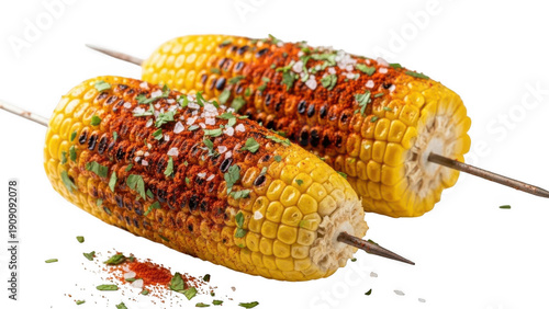 Grilled corn on the cob with spices isolated on transparent background
