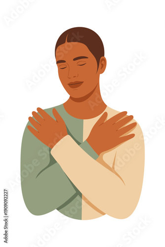 Self care embrace concept of self love and acceptance with person hugging themselves feeling peace and calm serene mindful moment of gratitude and wellbeing positive mental health illustration for wel