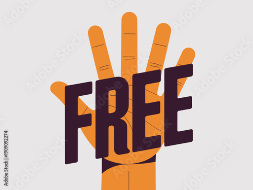 Abstract hand raising sign with bold FREE text graphic modern illustration concept for promotions discounts special offers and marketing campaigns visual communication advertising and retail sales