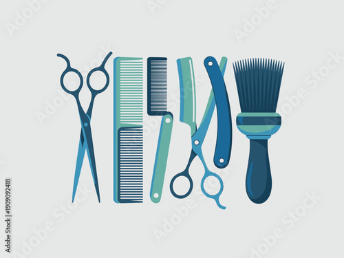 Barber shop tools collection flat design illustration modern graphic asset professional grooming scissors comb razor brush for salon business advertising and website backgrounds stylish clean aestheti