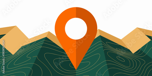 Orange location pin marker icon on abstract topographic map mountains background graphic design for travel navigation destination search planning adventure exploration concept modern graphic resource