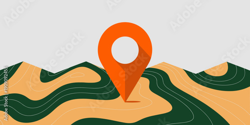 Orange map pin location marker on abstract topographic contour lines terrain landscape with green and yellow waves modern minimalist graphic illustration for travel navigation destination search disco