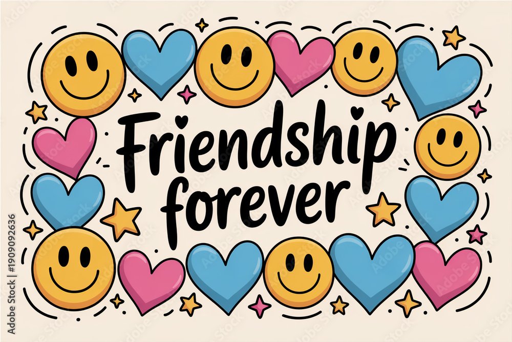 Fototapeta premium Colorful smiley faces and hearts celebrating friendship forever