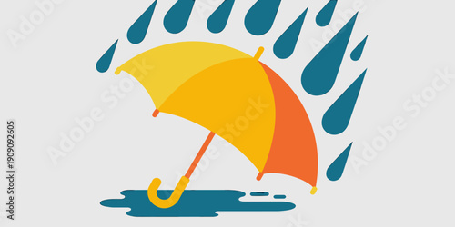 Yellow orange umbrella protecting from blue rain drops falling during a storm with puddle on ground graphic illustration abstract concept protection safety weather forecast natural phenomenon
