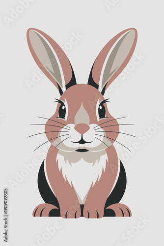 Cute cartoon rabbit illustration with large ears and friendly expression sitting calmly in a minimalist style with pastel colors perfect for children's books spring festivals easter celebrations and c