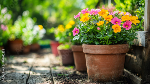 Potted flowers, plants and herbs in garden, balcony or roof