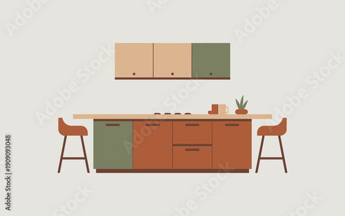 Modern minimalist kitchen island with bar stools and cabinetry featuring integrated stove top and countertop decor for contemporary home decor interior design and lifestyle concepts