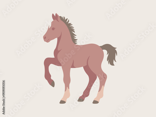 Cute cartoon foal horse standing gracefully with one leg raised in a stylized minimalist illustration for children's books farm animal concepts and equestrian themes gentle playful farm livestock port