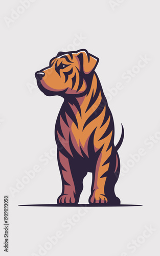Tiger dog hybrid mascot character sitting alert profile view fierce wild animal inspired pet logo design modern graphic illustration for sports teams gaming esports brands and adventure concepts