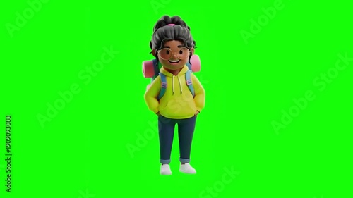3D Cartoon Female Character with Backpack Traveling on Green Screen for Adventure Vacation Tourism and Global Exploration Student Study Abroad Concepts