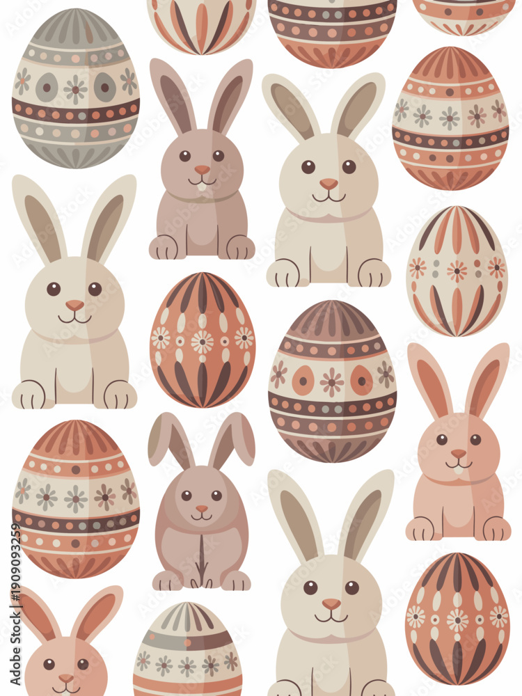 Obraz premium Easter bunny rabbits and decorated eggs seamless pattern cute cartoon characters for spring holiday celebrations festive design seasonal greeting cards children's illustrations fabric prints wallpaper