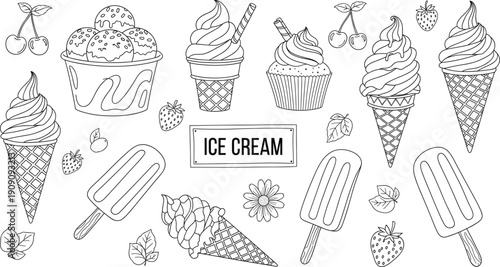 Hand drawn ice cream doodle vector set with cones popsicles cupcakes cherries strawberries and dessert elements isolated on white background for summer designs
