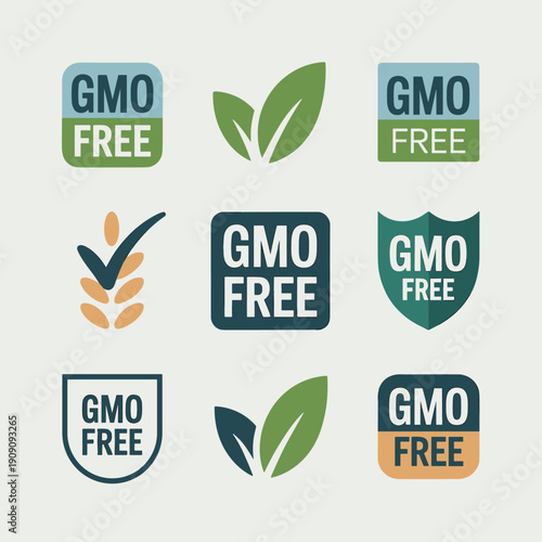 GMO free certification labels and icons representing organic non genetically modified food products healthy natural ingredients assurance stamps for food packaging and labeling in a clean modern desig