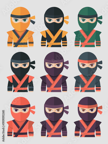 Diverse ninja warriors set collection of stylized flat characters in various colors and poses representing martial arts stealth and combat for game design and graphic illustration concepts