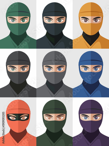 Diverse ninja warriors collection set with multiple colorful masked assassins and martial arts fighters in flat design style for action concepts and gaming graphics backgrounds
