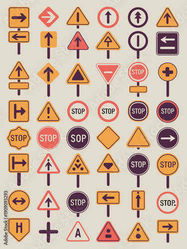 Collection of diverse traffic signs and road symbols warning caution directional stop signs information symbols for navigation safety and regulations vector illustration graphic design elements for tr