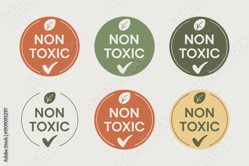 Set of six round non toxic labels and badges with leaf icon and check mark symbol for safe product certification natural organic certification seal for eco friendly safe consumer goods marketing adver