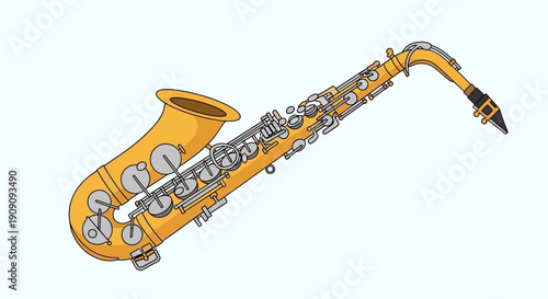 Golden Saxophone Illustration, Isolated on Light Blue Background