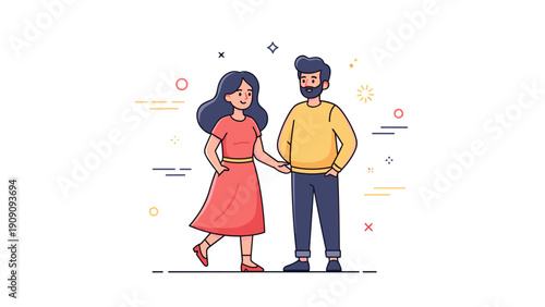Illustration of happy young caucasian couple holding hands in casual wear