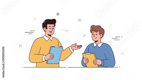 Two young caucasian males discussing with clipboards in hand cartoon style