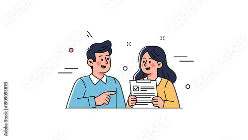 Asian male and female adults smiling while discussing a document with checkmark