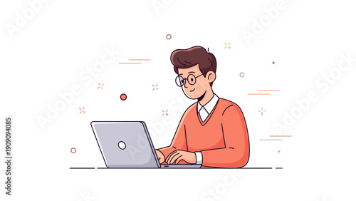 Young caucasian male working on laptop illustration