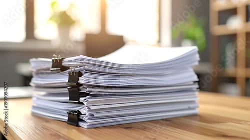 Large pile of organized documents clipped together representing heavy workload in modern office