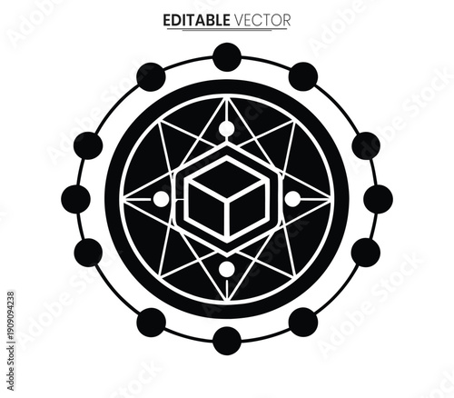 Geometric design featuring a cube within nested shapes and circular elements silhouette