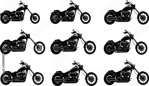 WebSilhouette illustration of diverse motorcycle designs, chopper and cruiser styles, bike art, transportation, vehicle silhouette, riding culture, engine diversity