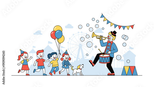 Colorful clown plays music and blows bubbles for a group of happy children during a fun performance at an outdoor carnival.