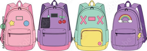 Cute pastel school backpack vector set with colorful patches rainbow symbols and modern student bag designs isolated on white background