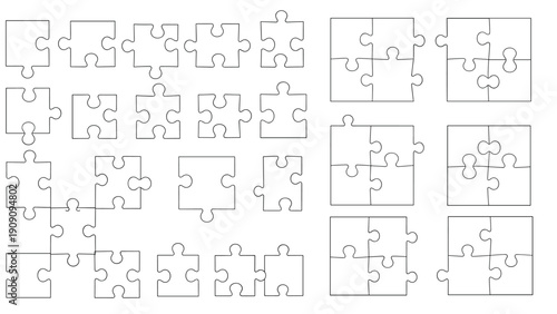 Large assortment of white jigsaw puzzle pieces shown both individually and connected in small groups on a plain white background.