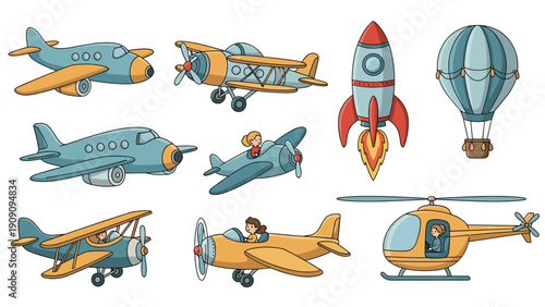 Comprehensive set of various flying vehicles including airplanes, a helicopter, a rocket ship, and a hot air balloon for kids.