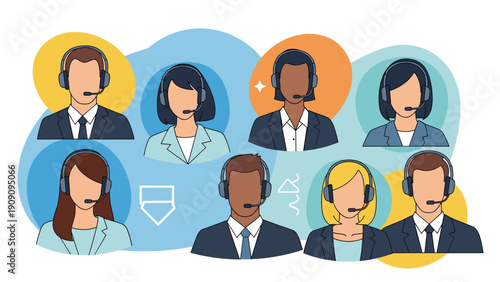 Diverse group of professional call center agents and customer service representatives wearing headsets are ready to assist clients.