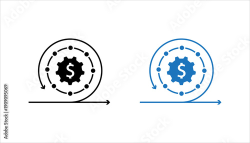 Minimal outline icon of a gear with dollar symbol surrounded by circular arrows, representing financial growth cycle, investment return, revenue management, and continuous profit strategy.