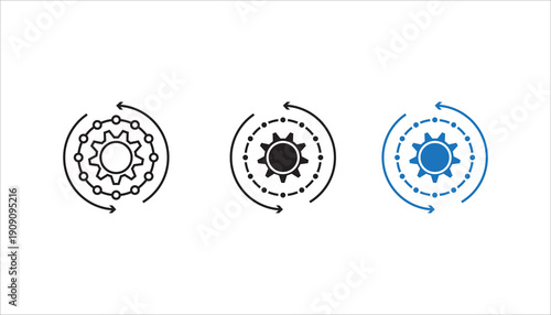 Outline vector icon of a central gear connected with circular nodes and arrows, representing system integration, workflow automation, process management, and continuous operation.