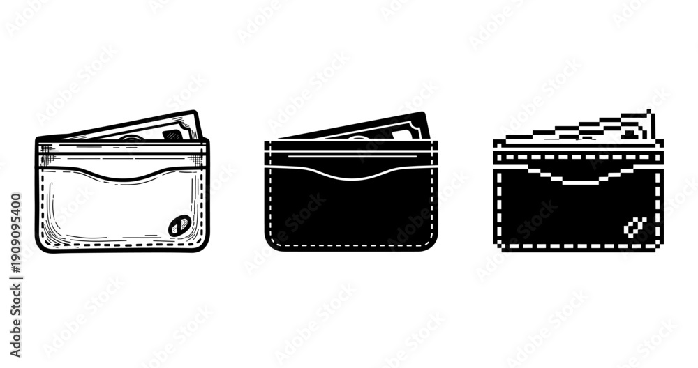 Fototapeta premium Minimalist wallet icon set with three styles: line, solid, pixel