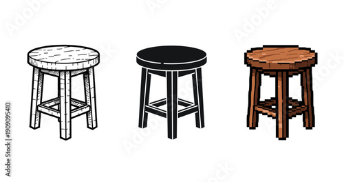 Trio of stools: sketch, silhouette, and pixel art designs on white background
