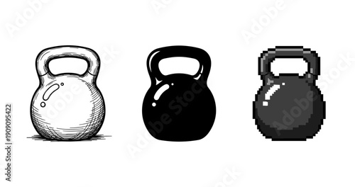 Three kettlebell designs: sketch, solid, pixelated styles on white