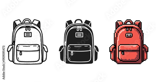 Three backpacks in different artistic styles: sketch, silhouette, pixel art