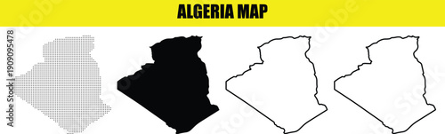 Algeria Map Vector Illustrations - Silhouette, Thin Outline, and Geometric Dotted Styles